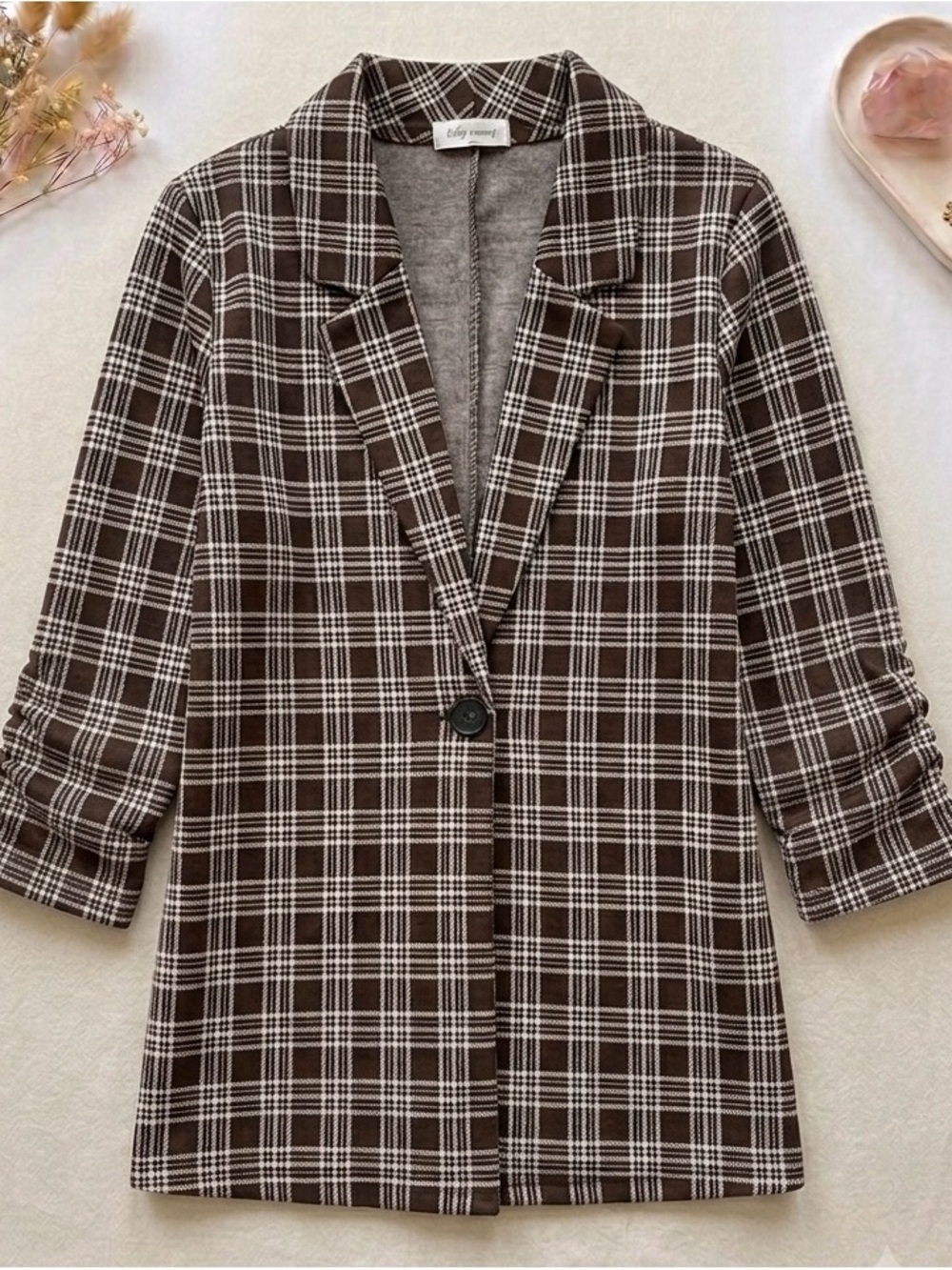 Brown Plaid Single-Button Blazer Jacket